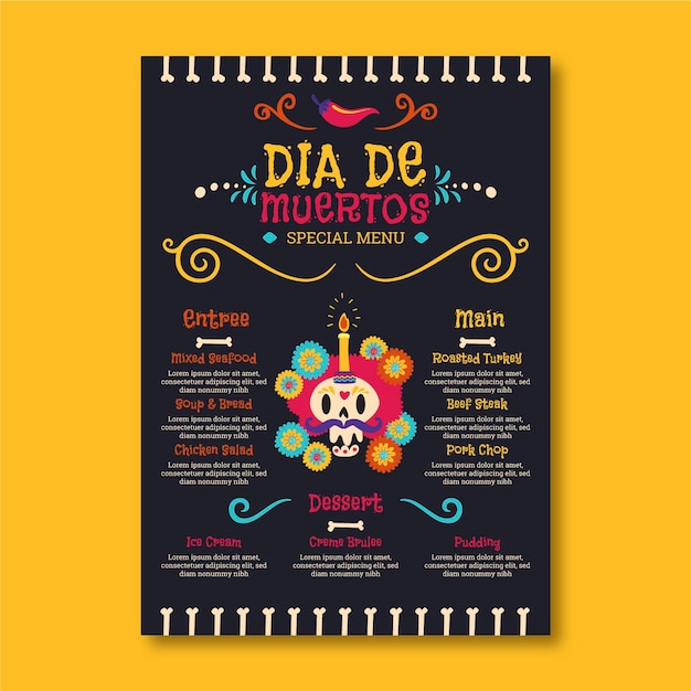 Bezpłatny wektor ręcznie rysowane płaski szablon menu dia de muertos