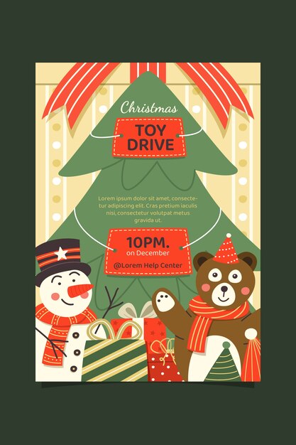 Bezpłatny wektor ręcznie rysowane płaski szablon pionowego plakatu z zabawkami świątecznymi