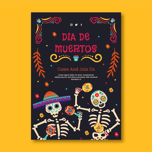 Bezpłatny wektor ręcznie rysowane płaski szablon pionowy plakat dia de muertos