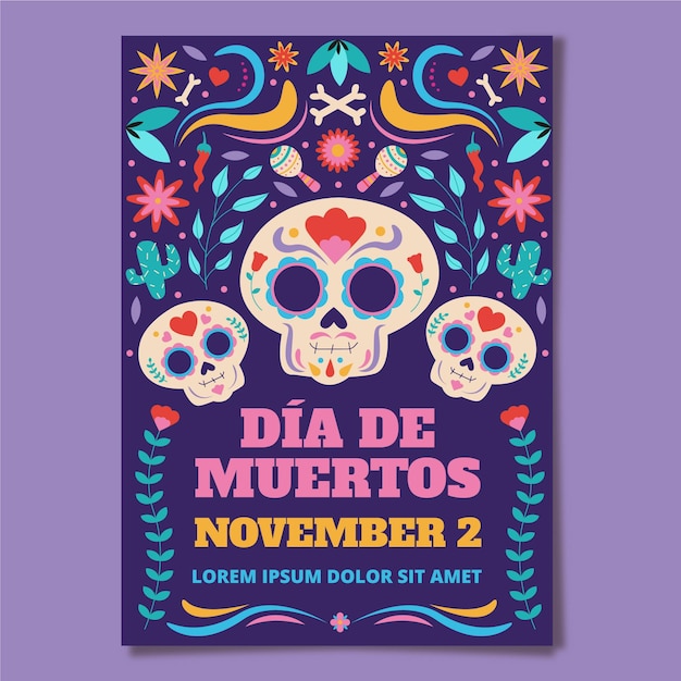 Ręcznie rysowane płaski szablon pionowy plakat dia de muertos