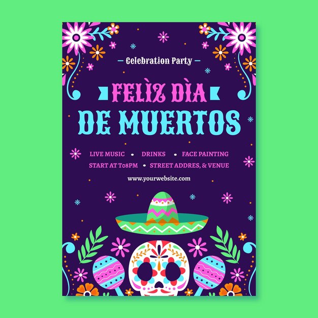 Ręcznie rysowane płaski szablon pionowy plakat dia de muertos