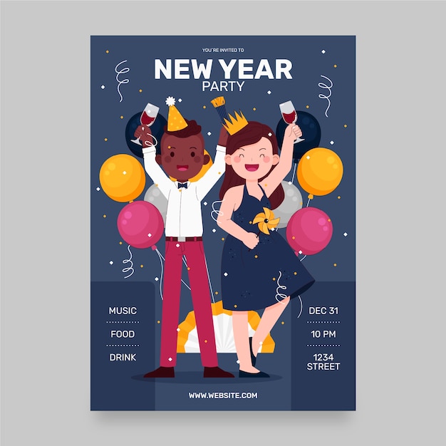 Bezpłatny wektor ręcznie rysowane płaski szablon pionowy plakat nowy rok