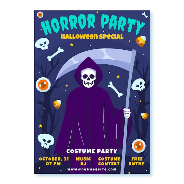 Bezpłatny wektor ręcznie rysowane płaski szablon plakatu pionowego halloween party