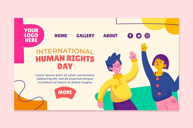 Bezpłatny wektor ręcznie rysowane płaski szablon strony docelowej międzynarodowego dnia praw człowieka