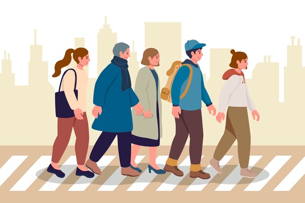 Ręcznie rysowane płaski tłum ludzi chodzących ilustracja