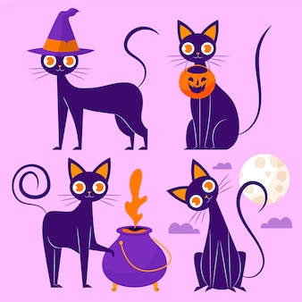 Ręcznie rysowane płaskie halloween koty ilustracja