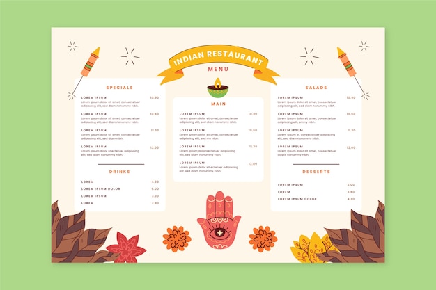 Ręcznie rysowane płaskie menu indyjskie