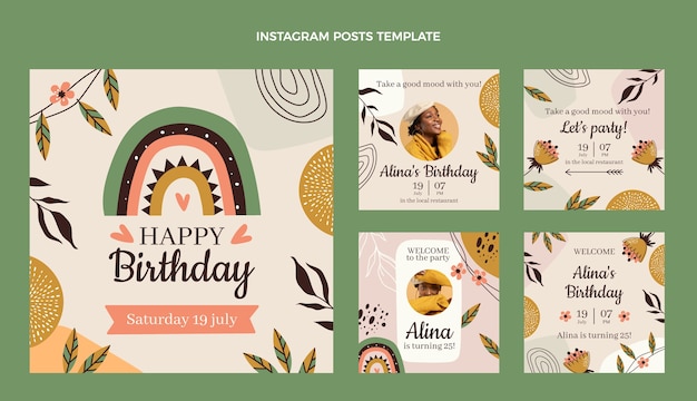 Ręcznie rysowane posty urodzinowe boho na Instagramie