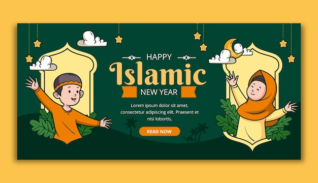 Bezpłatny wektor ręcznie rysowane poziomy baner islamskiego nowego roku z dziećmi