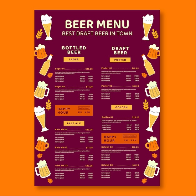 Bezpłatny wektor ręcznie rysowane projekt menu baru piwnego
