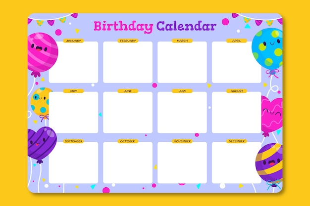 Bezpłatny wektor ręcznie rysowane projekt szablonu kalendarza urodzinowego