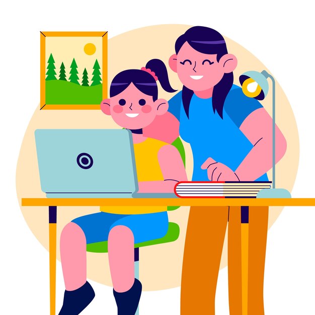 Ręcznie rysowane rodzice pomagają dzieciom z ilustracji pracy domowej