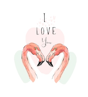 Ręcznie rysowane romantyczna ilustracja z dwoma różowymi flamingami i cytatem nowoczesnej kaligrafii kocham cię