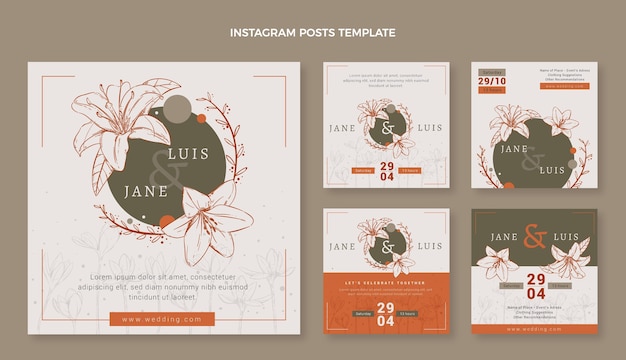 Ręcznie rysowane ślubny pakiet postów na instagramie