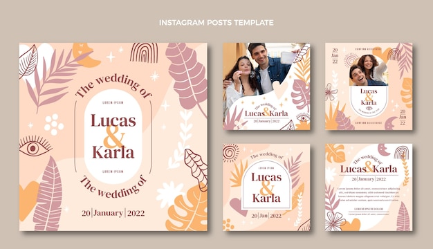 Bezpłatny wektor ręcznie rysowane ślubny pakiet postów na instagramie