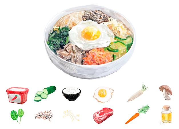 Ręcznie Rysowane Stylu Akwarela Bibimbap