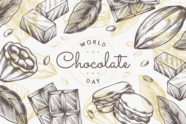 Ręcznie rysowane światowy dzień czekolady tło z czekoladą i ziarnami kakaowymi