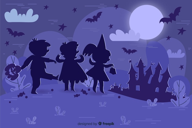 Bezpłatny wektor ręcznie rysowane sylwetka dzieci patrząc na nawiedzony dom halloween ilustracja