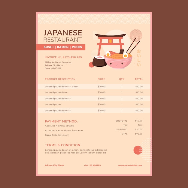 Bezpłatny wektor ręcznie rysowane szablon faktury japońskiej restauracji