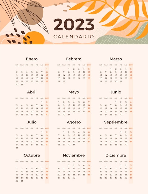 Bezpłatny wektor ręcznie rysowane szablon kalendarza 2023 w języku hiszpańskim