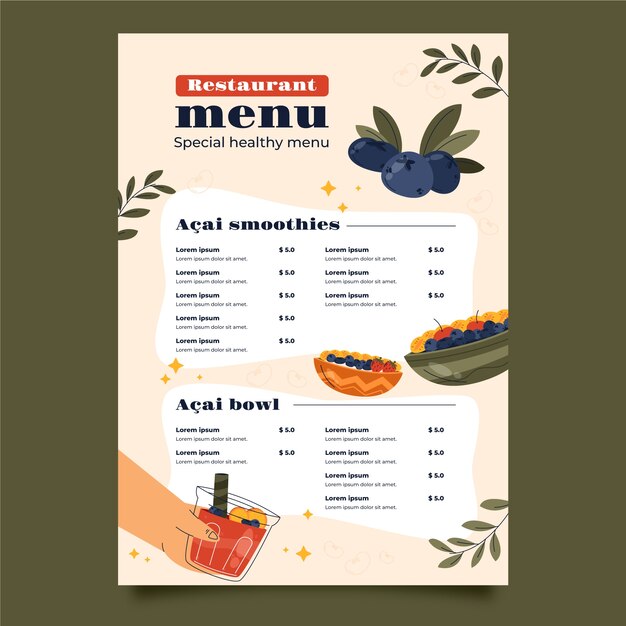 Ręcznie rysowane szablon menu acai