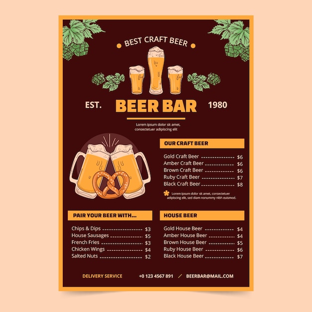 Bezpłatny wektor ręcznie rysowane szablon menu baru piwa