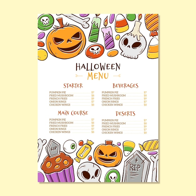 Ręcznie rysowane szablon menu halloween