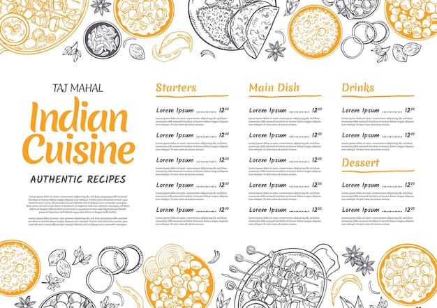 Ręcznie rysowane szablon menu indyjskiego