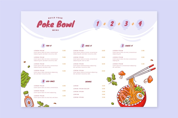 Ręcznie Rysowane Szablon Menu Poke Bowl