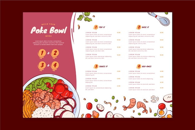 Ręcznie Rysowane Szablon Menu Poke Bowl