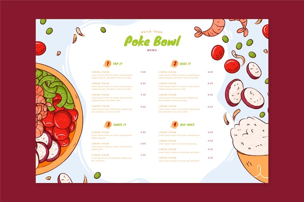 Ręcznie Rysowane Szablon Menu Poke Bowl