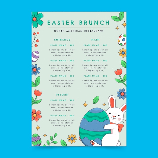 Bezpłatny wektor ręcznie rysowane szablon menu wielkanocnego brunch