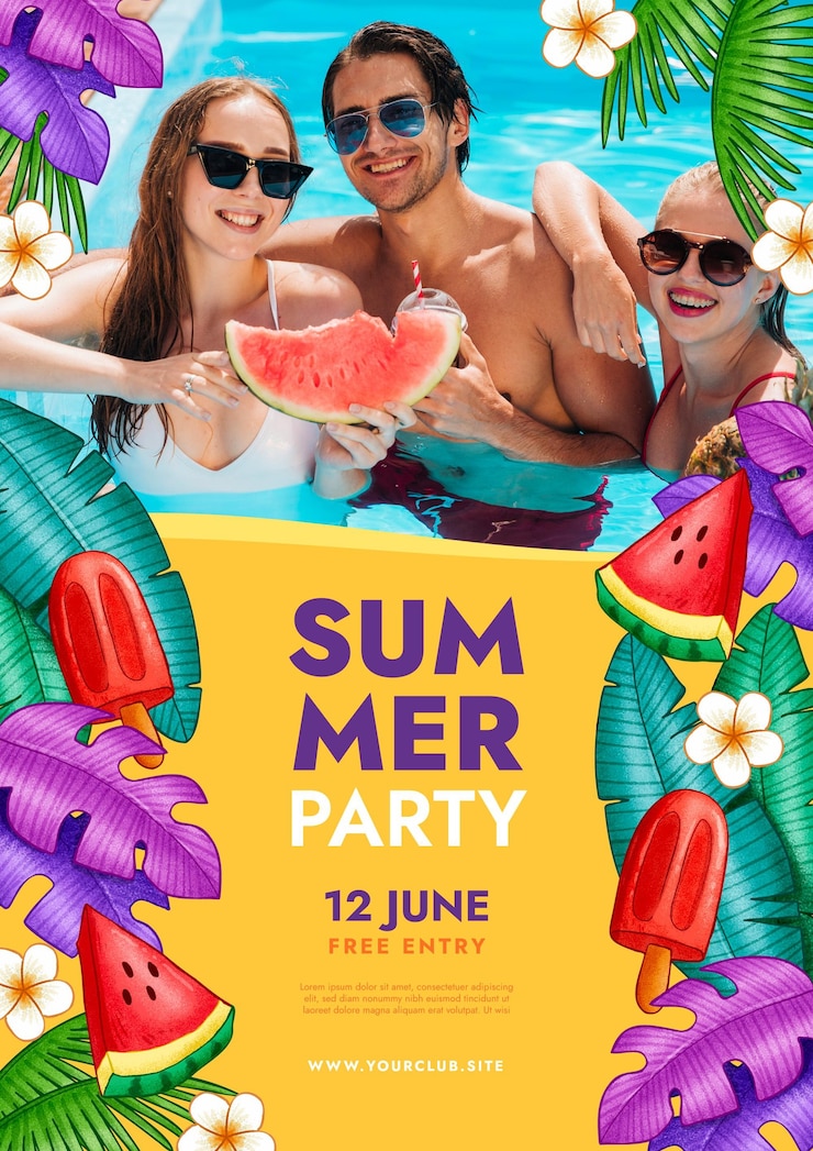 Bezpłatny plik Wektor ręcznie rysowane szablon pionowego plakatu lato party ze zdjęciem