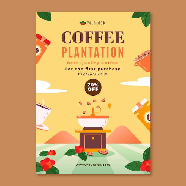 Bezpłatny wektor ręcznie rysowane szablon plakatu plantacji kawy