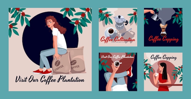 Bezpłatny wektor ręcznie rysowane szablon postu na instagramie z plantacją kawy