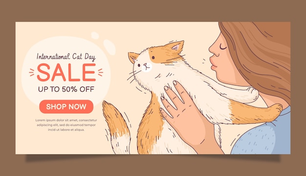 Bezpłatny wektor ręcznie rysowane szablon poziomy baner międzynarodowego dnia kota z kobietą całującą kota