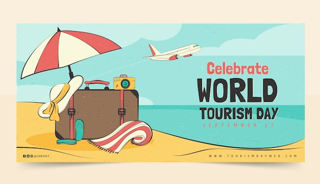 Bezpłatny wektor ręcznie rysowane szablon transparentu poziomego światowego dnia turystyki