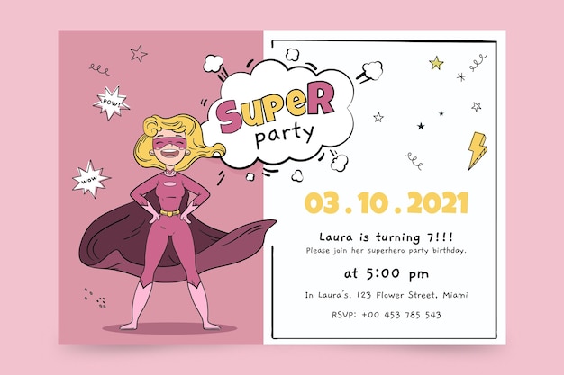 Ręcznie Rysowane Szablon Zaproszenia Urodzinowe Superbohatera