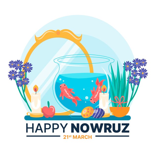 Ręcznie rysowane szczęśliwy nowruz ilustracja z lustrem i złotą rybką