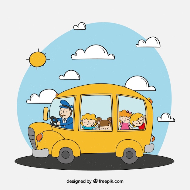 Bezpłatny wektor ręcznie rysowane szkolny autobus z dziećmi