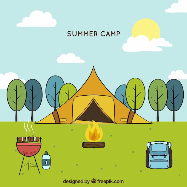 Bezpłatny wektor ręcznie rysowane tła obozu letniego z duży namiot