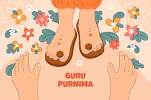 Bezpłatny wektor ręcznie rysowane tło guru purnima ze stopami i kwiatami