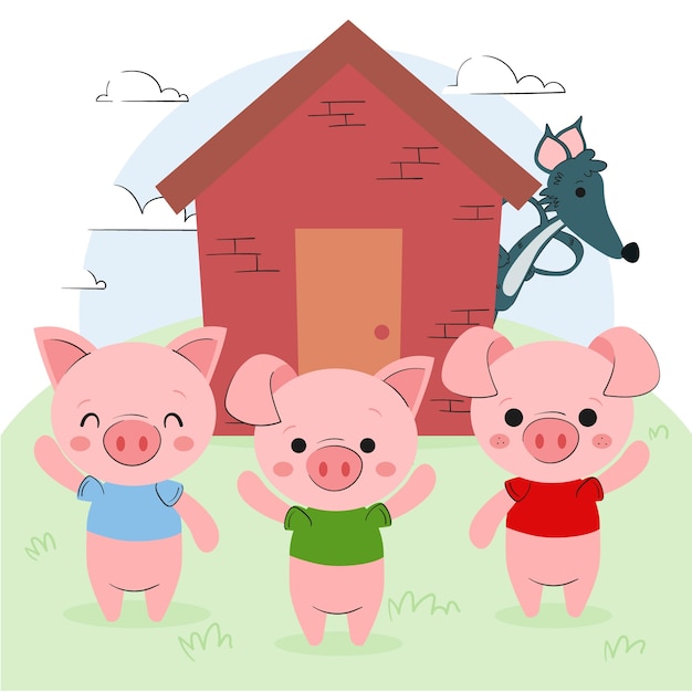 Ręcznie rysowane trzy małe świnki ilustracja
