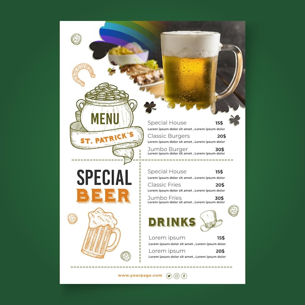 Bezpłatny wektor ręcznie rysowane ul. patrick's day menu