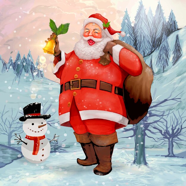 Ręcznie rysowane wesoły Mikołaj niosący worek na prezenty