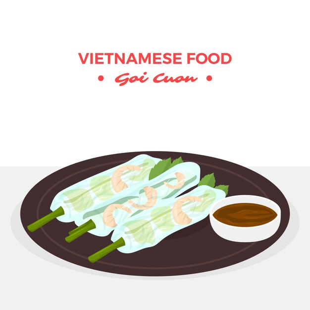 Ręcznie rysowane wietnamskie jedzenie o płaskiej konstrukcji