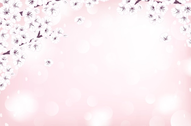 Ręcznie rysowane wiosna sakura, kwiaty, kwitnące gałęzie drzew, płatki, elementy kwiatowe i bokeh z miejsca kopiowania. dekoracyjny szkic ilustracja transparent na jasnoróżowym tle dla karty projektowej, zaproszenia