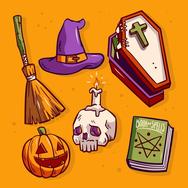 Ręcznie rysowane zestaw elementów halloween