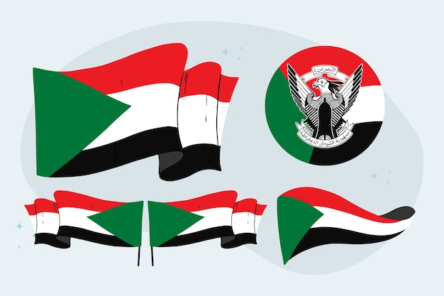 Bezpłatny wektor ręcznie rysowane zestaw flag sudanu i emblematów