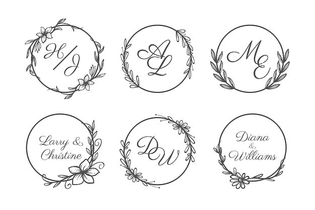 Bezpłatny wektor ręcznie rysowane zestaw logo monogram ślubu